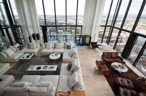 Formal Living Room from High Up Showing Speakers