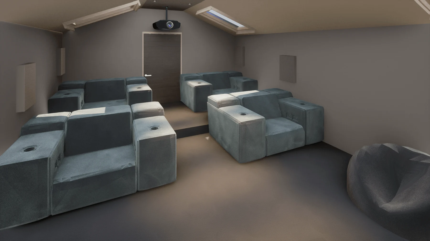 Lake District boathouse cinema, Lake Windermere — design render of the rear seating and projector