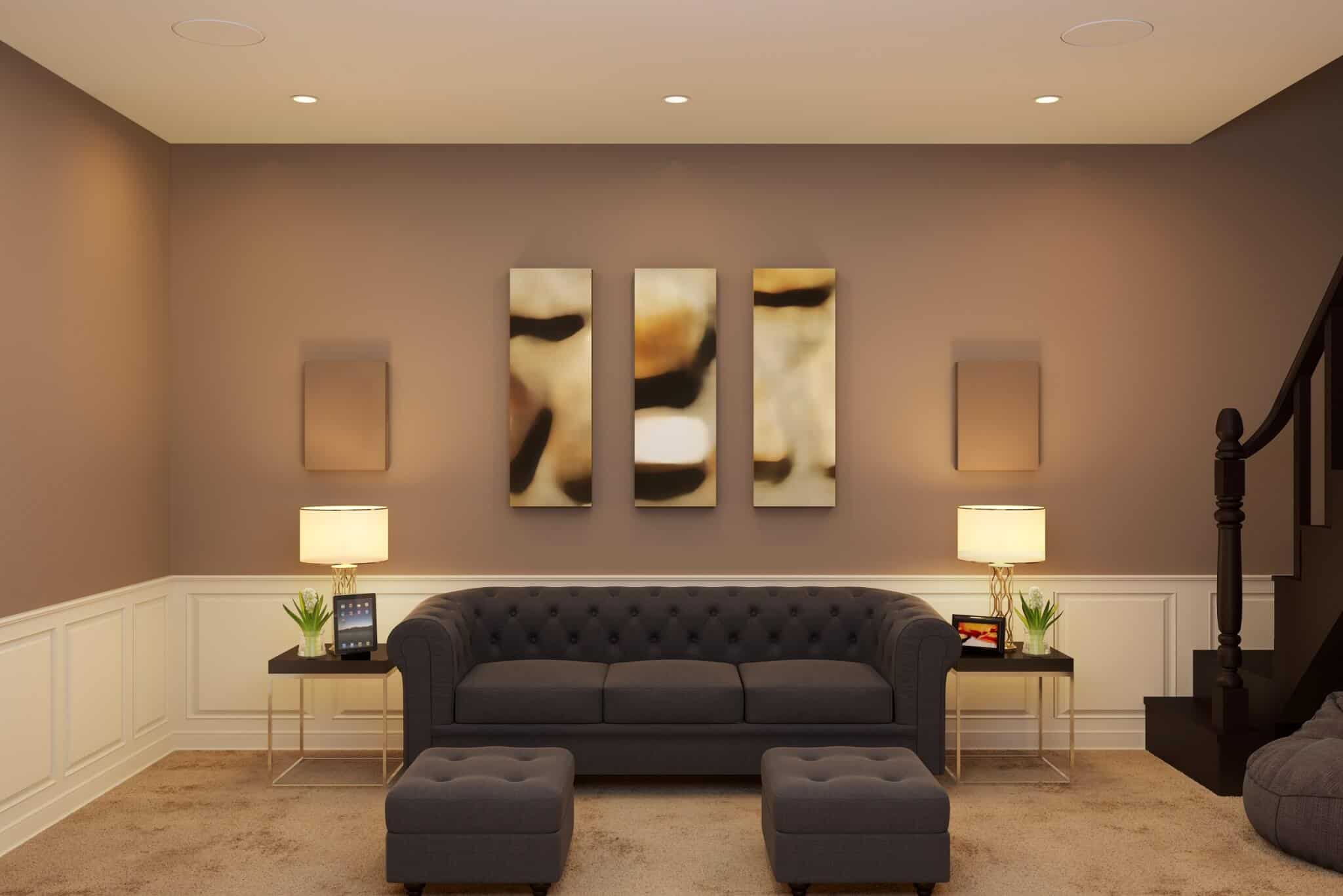 Artcoustic colour matched speakers on wall with cinema seating