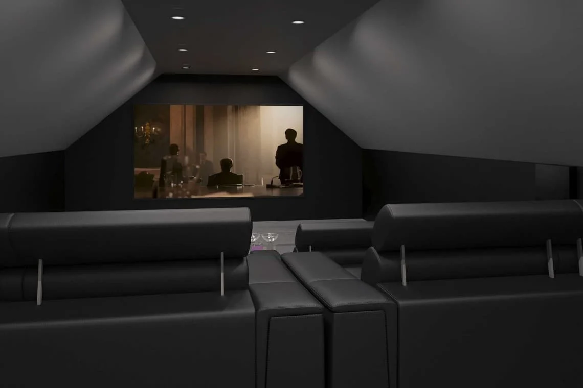 Surrey loft home cinema Oxshott — Artcoustic 5.2.2 Dolby Atmos, Sony projector, 100-inch screen