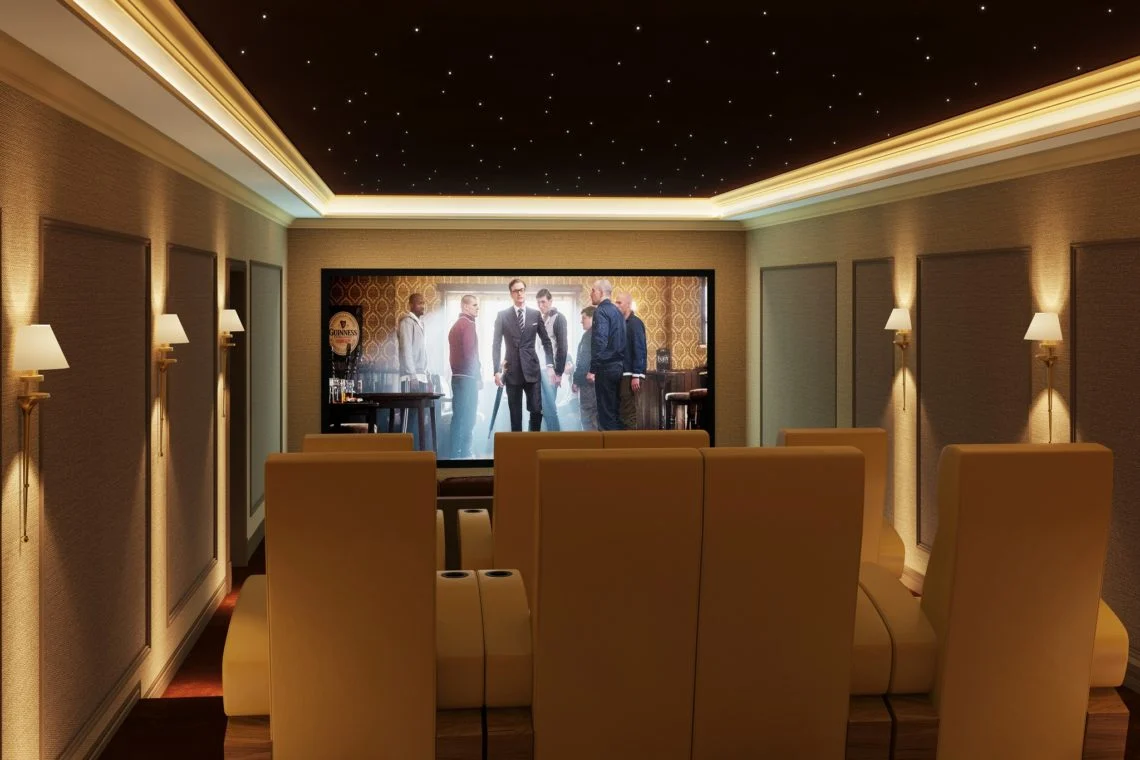 Ghana home cinema room — Trinnov Altitude, Artcoustic speakers, 4.5m acoustically transparent screen, fabric walls