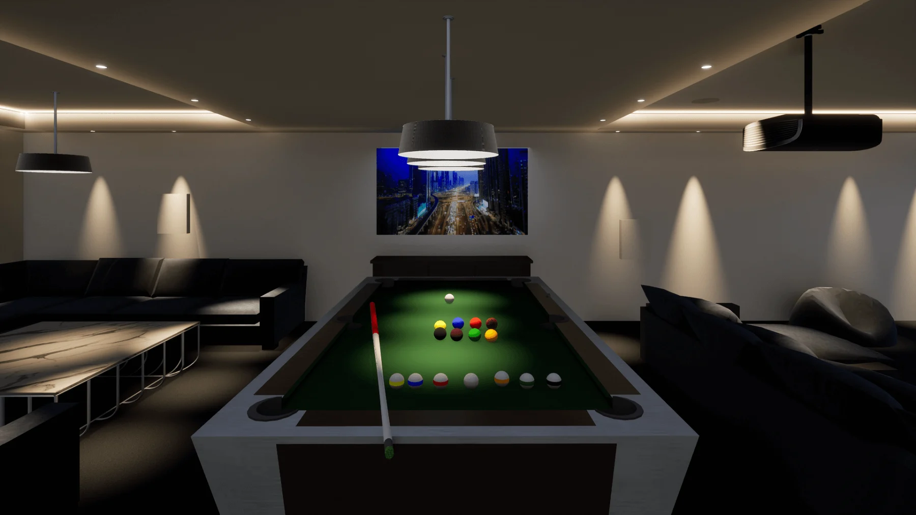 Lighting scenes over the pool table in the Prestbury entertainment complex, Cheshire