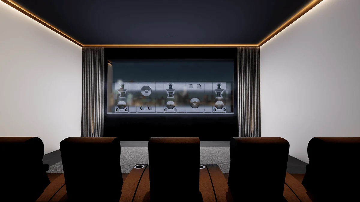 Krix Speakers on Show Behind Projector Screen