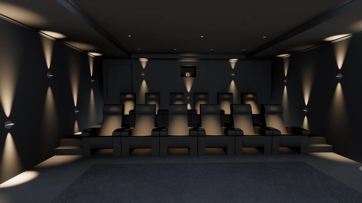 Modern home cinema room with Little Greene Dark Lead walls, Cheshire