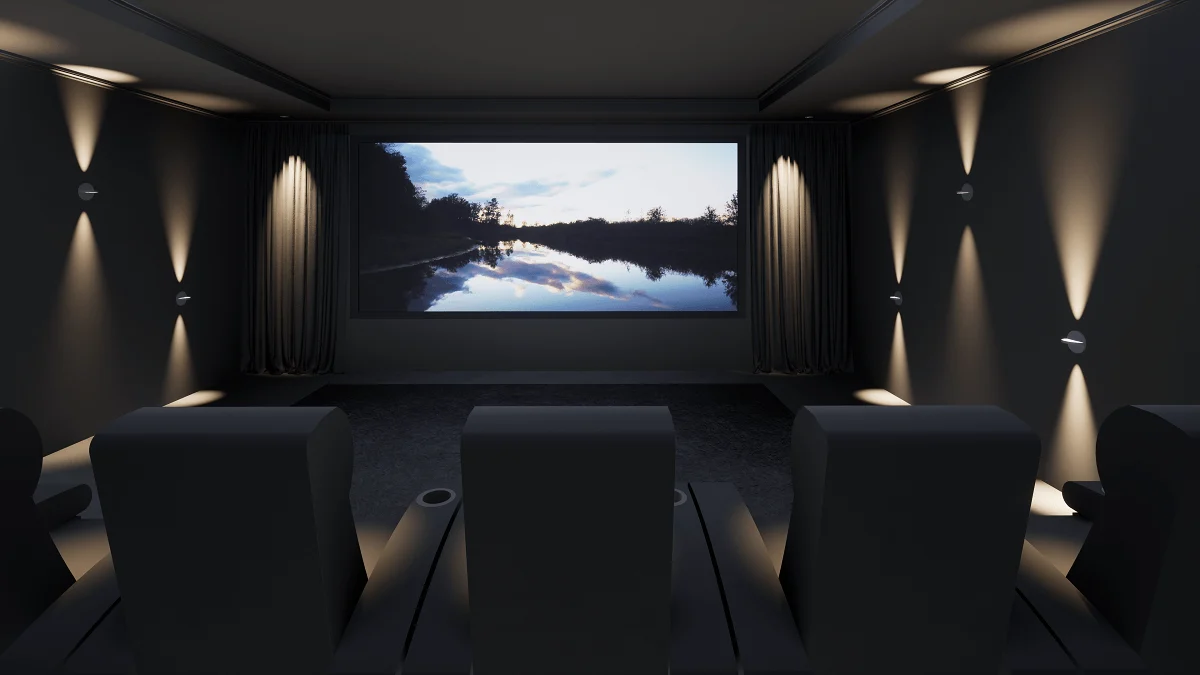 Modern home cinema room Cheshire — Artcoustic Dolby Atmos, Crestron Lutron, part of whole entertainment complex