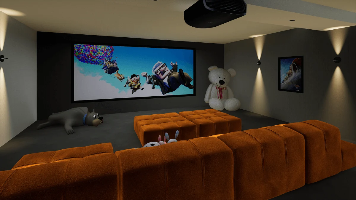 Dubai family basement cinema room with orange sofa seating