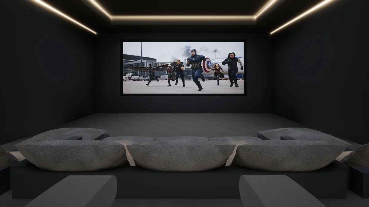 Luxury home cinema with tiered seating, premium audio systems