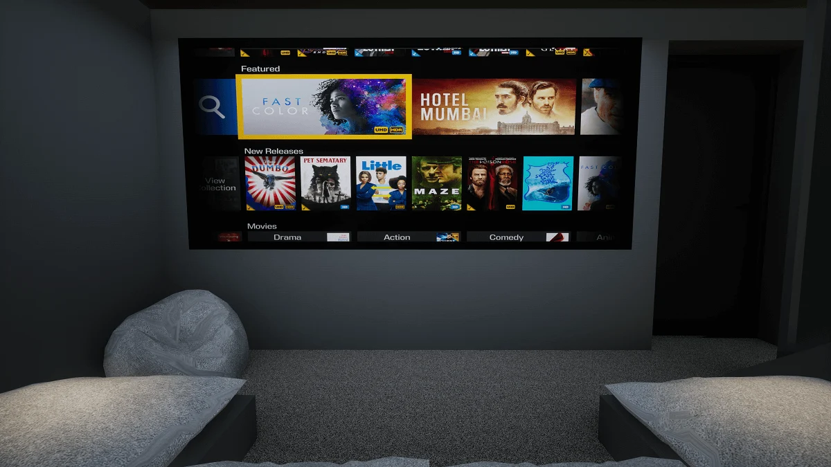 Basement home cinema Berkshire — compact high-performance room, Artcoustic surround, 4K projection