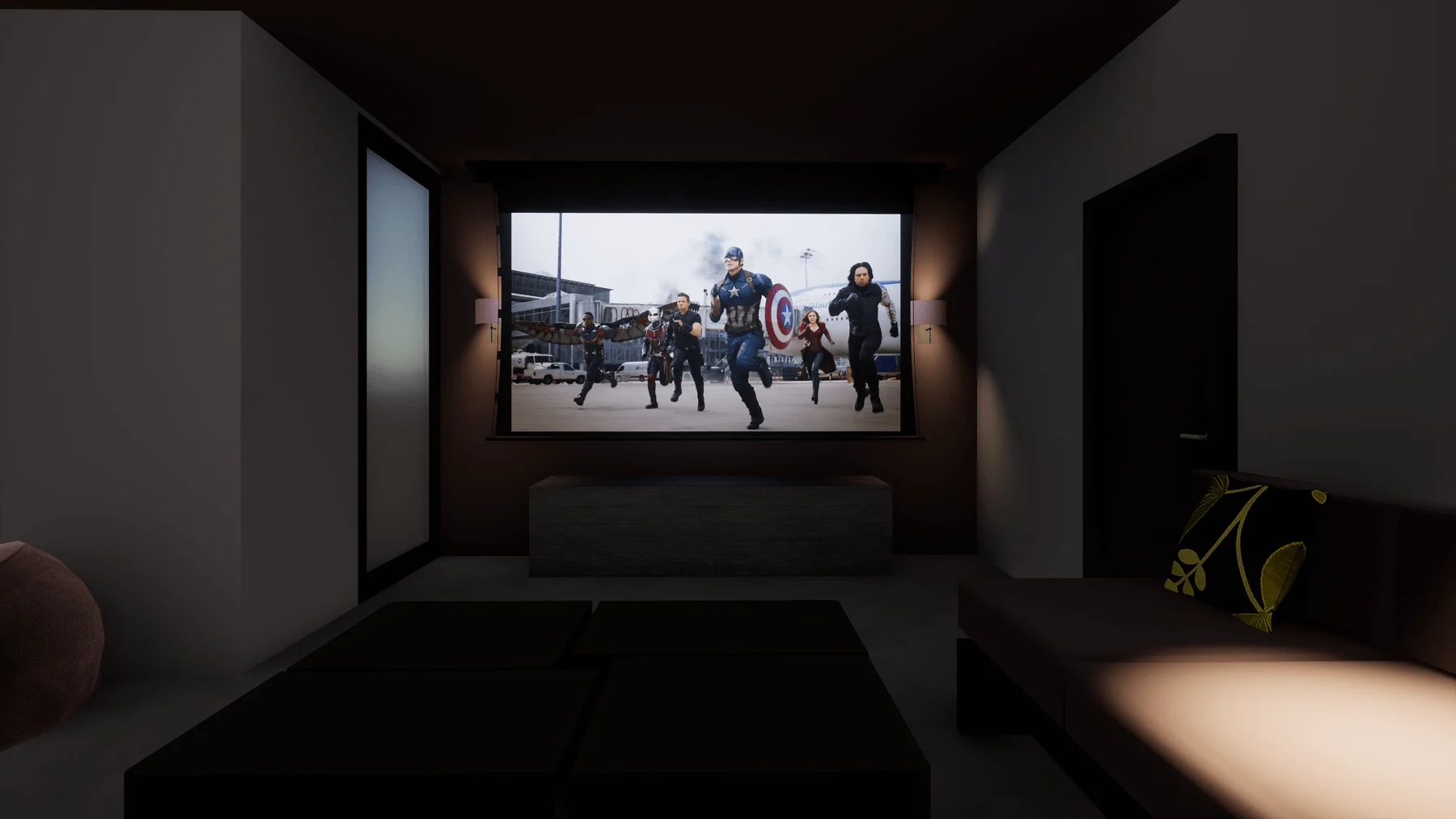 Living room cinema with the drop-down screen lowered, North London