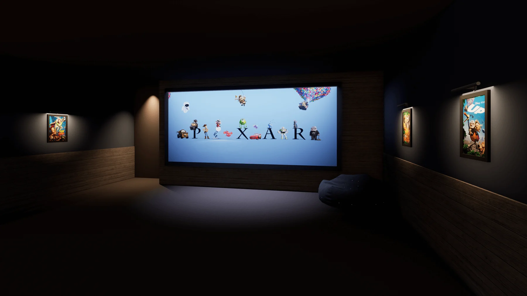 Rear seating view of the basement home cinema room in a chalet, Châtel