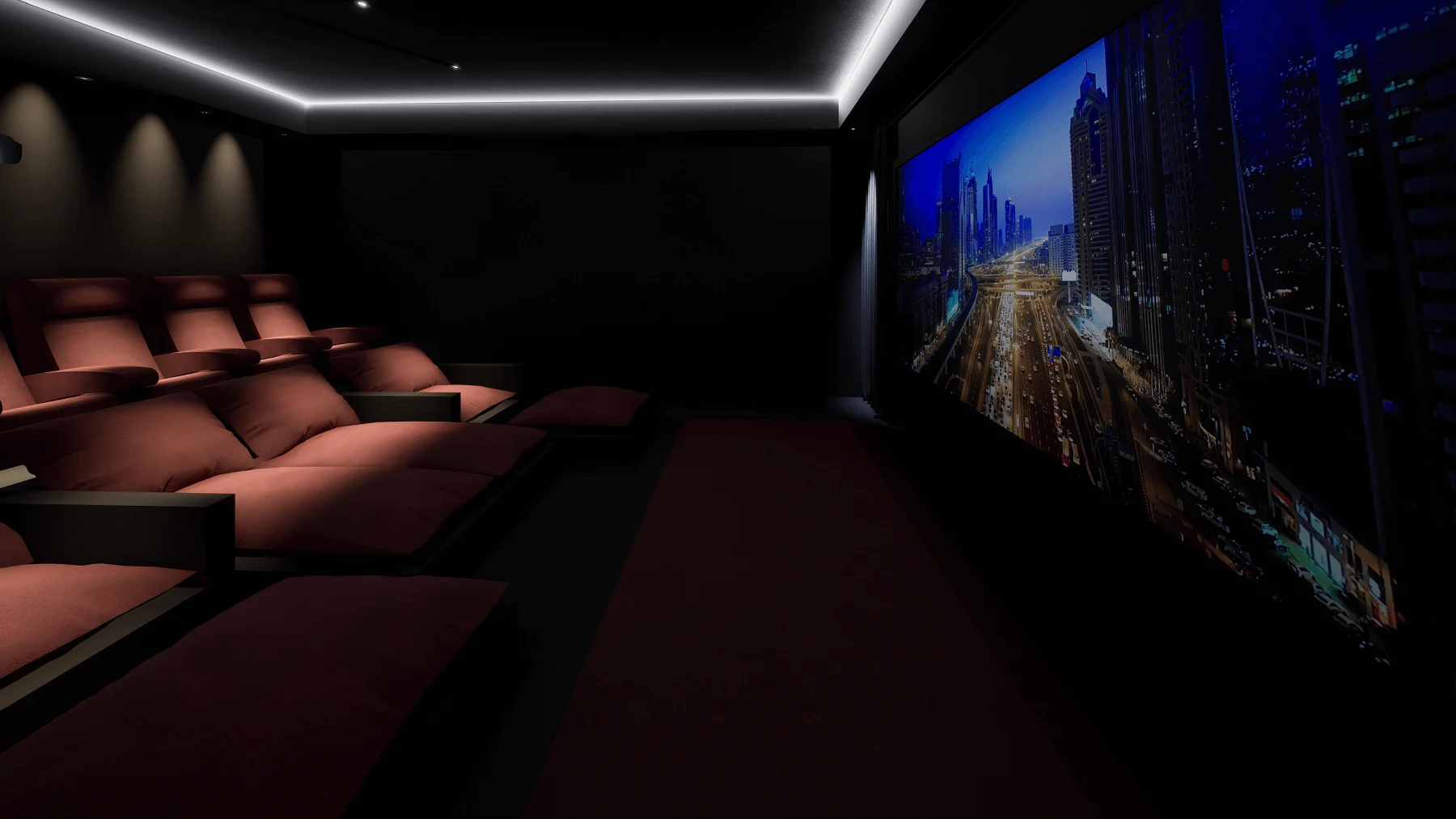 Dedicated home cinema room, Emirates Hills Dubai — Artcoustic Dolby Atmos, Sony 4K laser projection, Crestron control