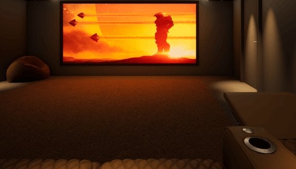 Garage home cinema conversion in Cheshire with acoustically transparent screen and bean bag seating