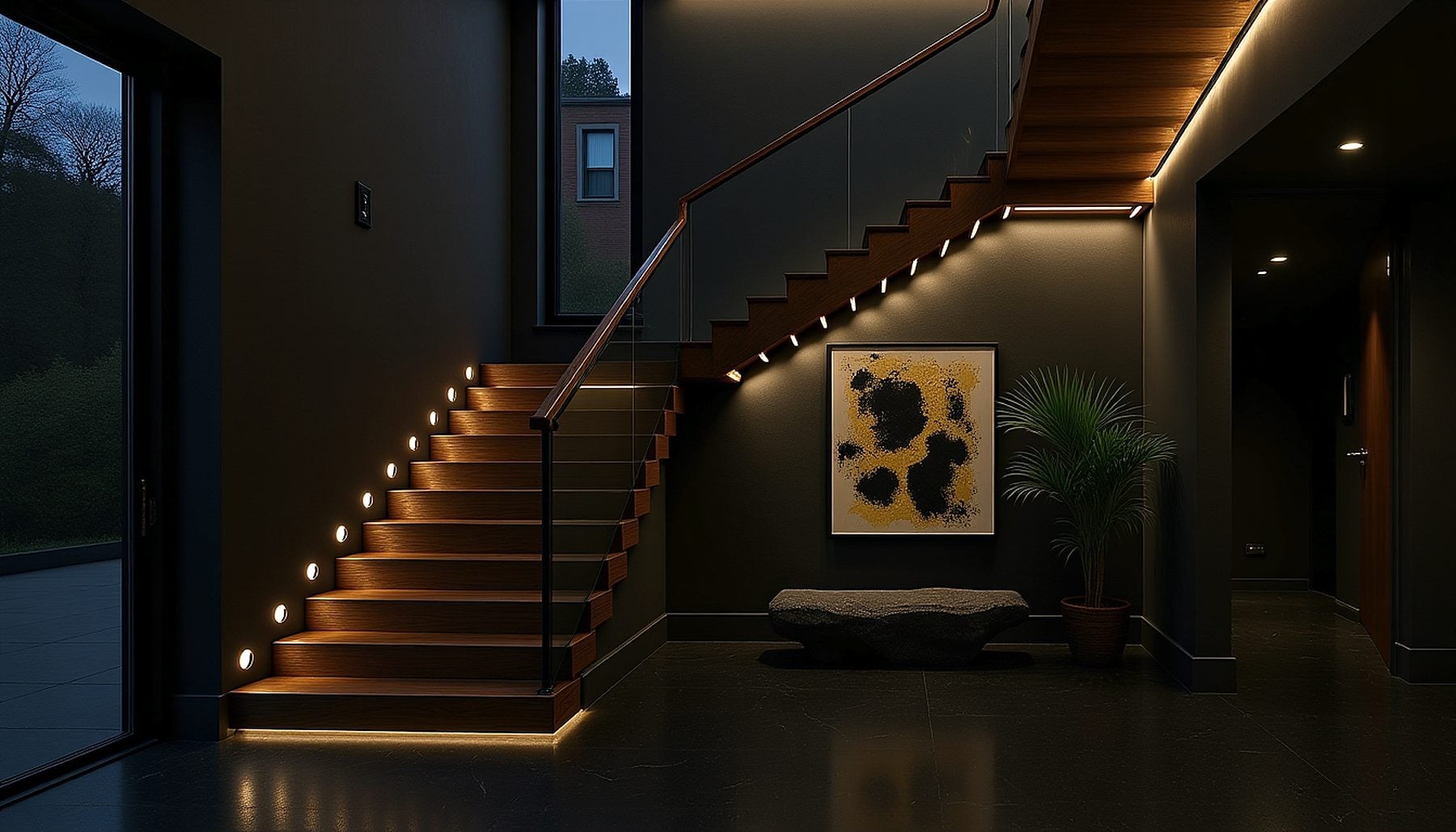 Floating oak staircase with LED lighting under each tread and low-level step lights against dark charcoal plaster walls