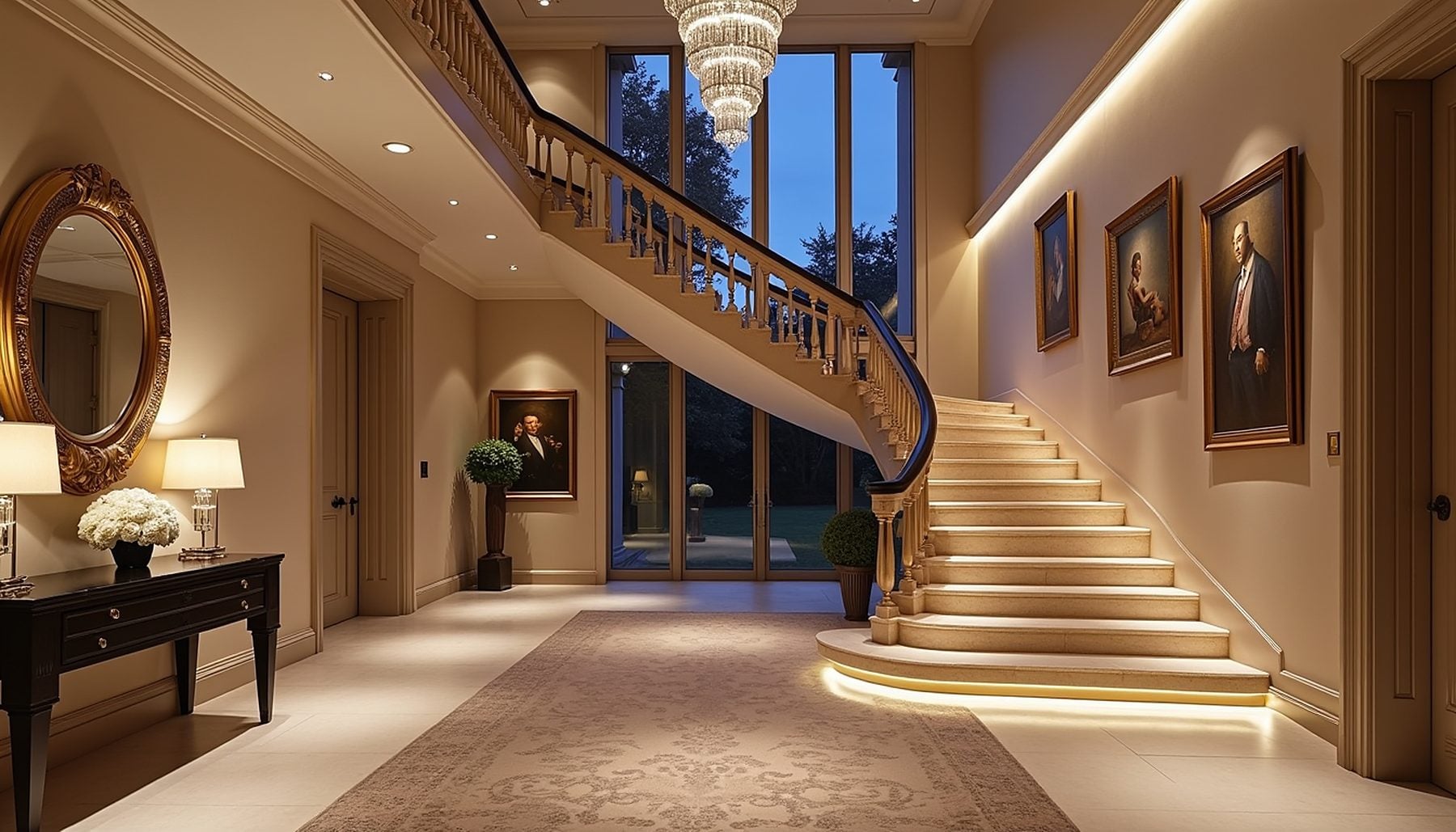 Entrance hall with a curved stone staircase lit by low-level step lights, a cove wall-wash, picture lights and a dimmed chandelier