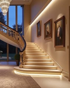 Curved stone staircase and chandelier in an entrance hall with layered lighting