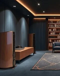 Dedicated listening room design with Magico M7 loudspeakers and fabric-walled acoustic treatment