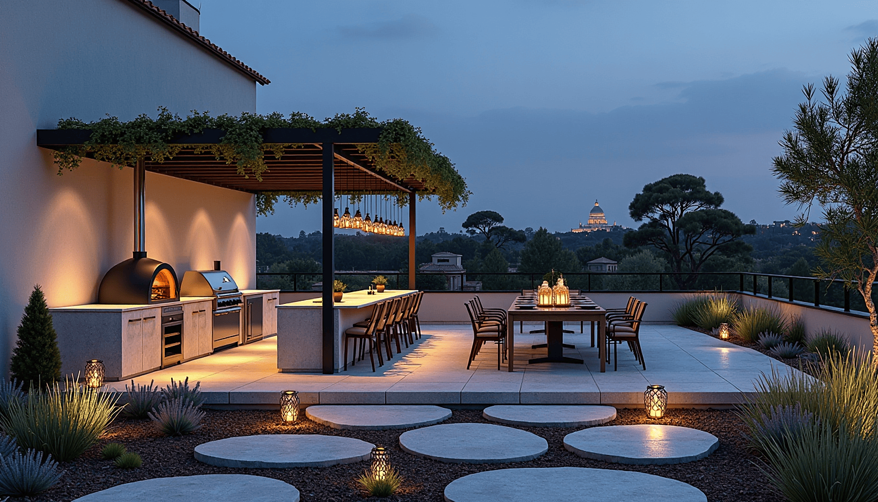 Roof terrace garden lighting at dusk in Rome — vine-covered pergola with lanterns, outdoor kitchen with pizza oven and candlelit dining table