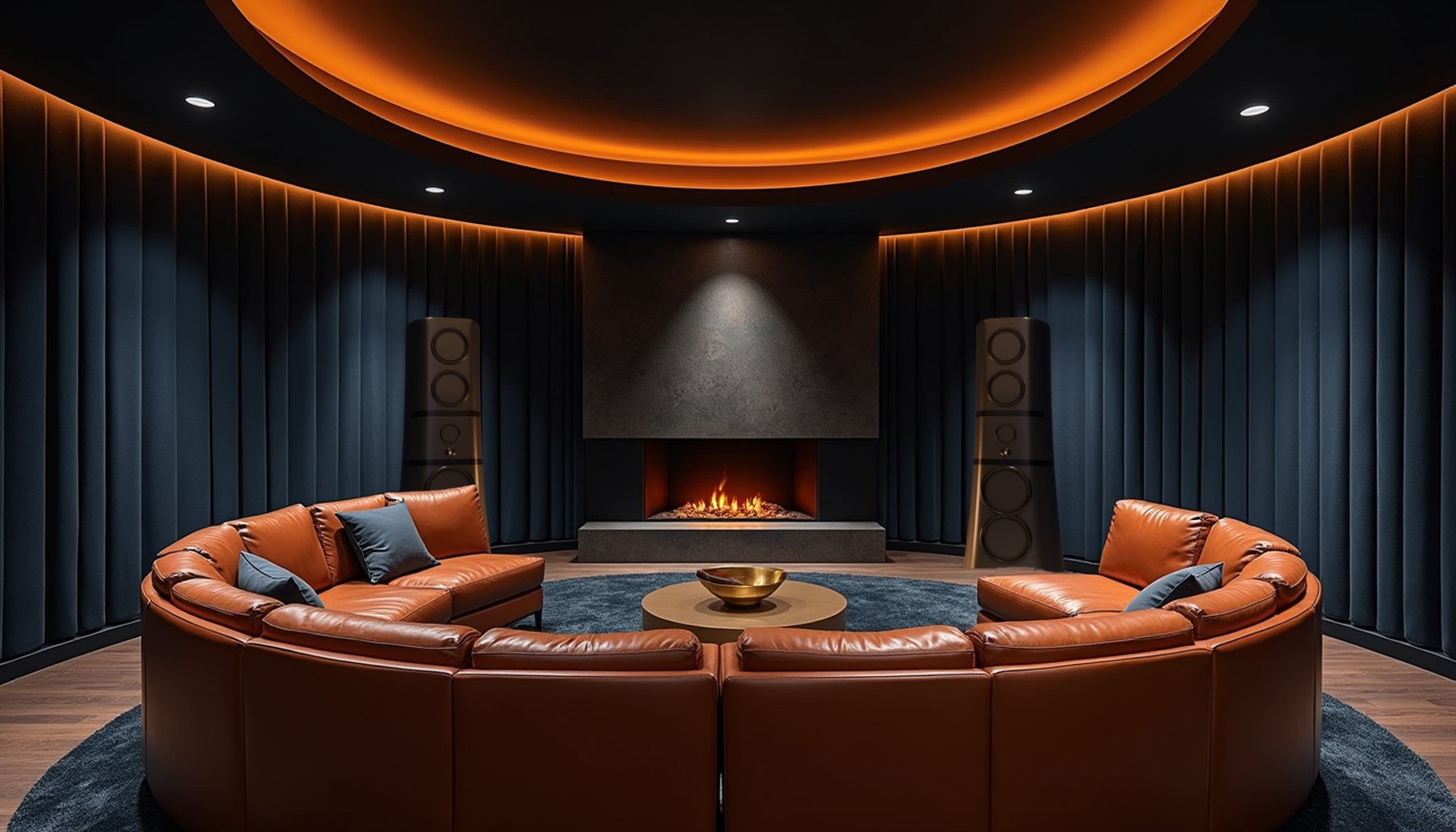 Round hi-fi room design with Magico M9 loudspeakers, pleated fabric walls and a curved listening sofa