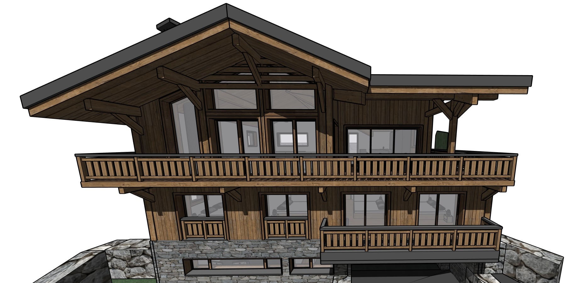 South-west elevation of the Morzine chalet from the 3D model used for the sunlight study